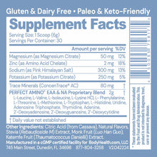 Blue supplement facts label for Perfect Amino Electrolytes with electrolyte and amino acid ingredients listed.