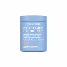 Blue container of BodyHealth Perfect Amino Electrolytes powder in orange flavor, 5.7 oz, 30 servings.