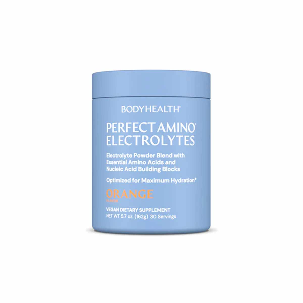 Blue container of BodyHealth Perfect Amino Electrolytes powder in orange flavor, 5.7 oz, 30 servings.