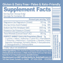 Supplement Facts label for Perfect Amino Electrolytes showing serving size, nutritional content including magnesium, zinc, so