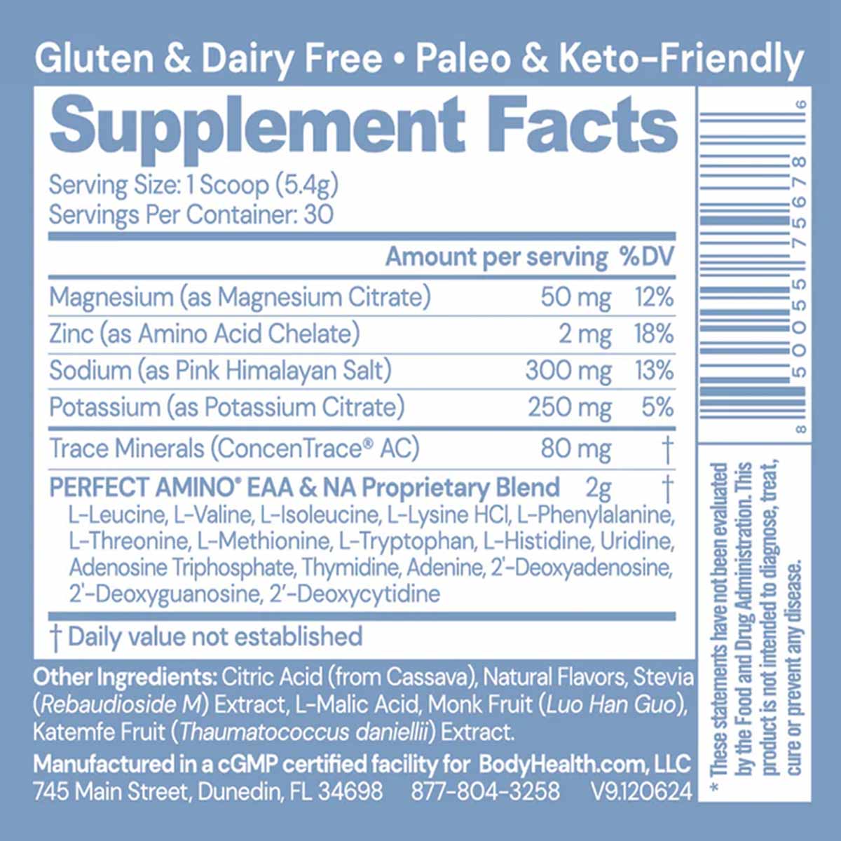 Supplement Facts label for Perfect Amino Electrolytes showing serving size, nutritional content including magnesium, zinc, so