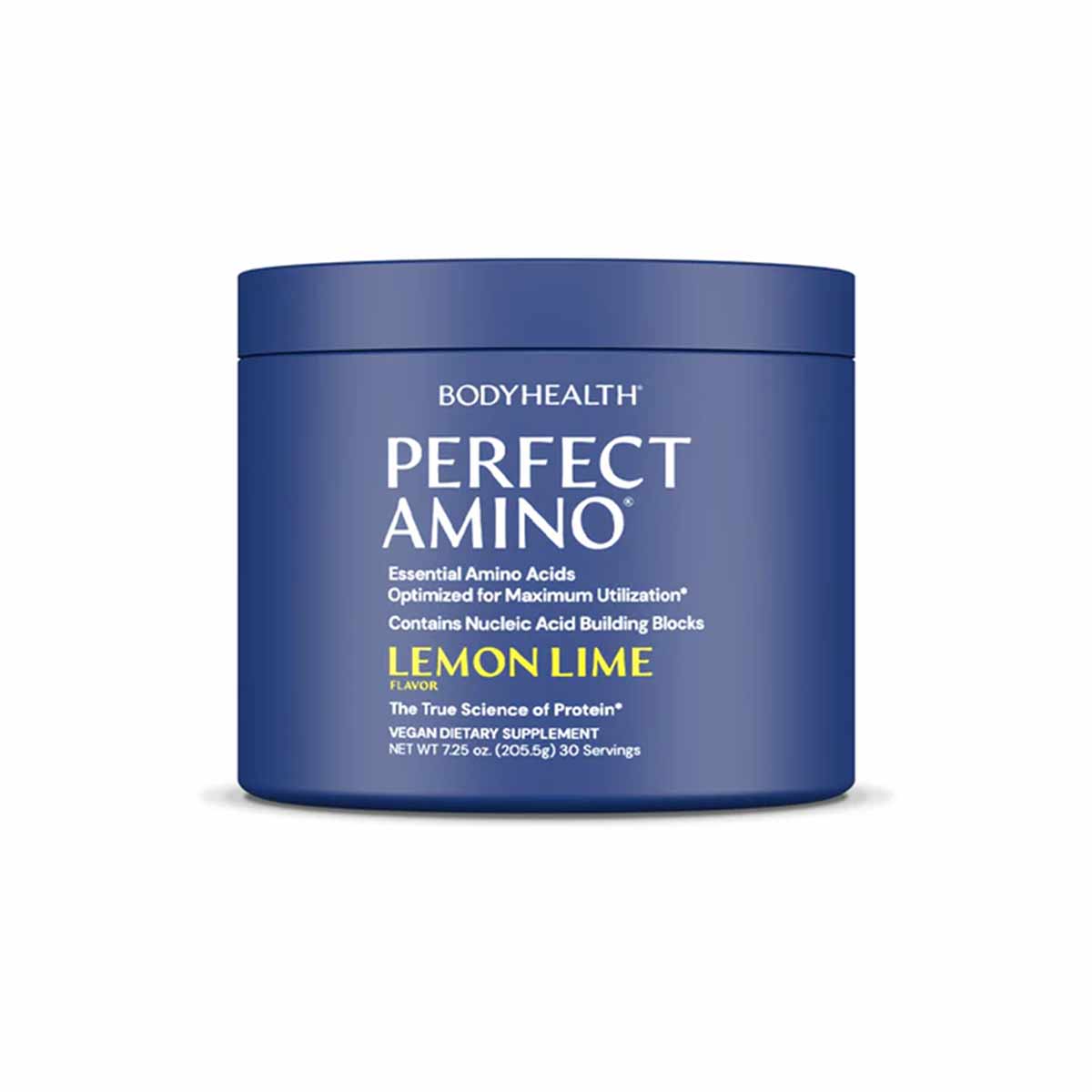 Blue cylindrical container of BodyHealth Perfect Amino powder in Lemon Lime flavor, 7.25 oz.