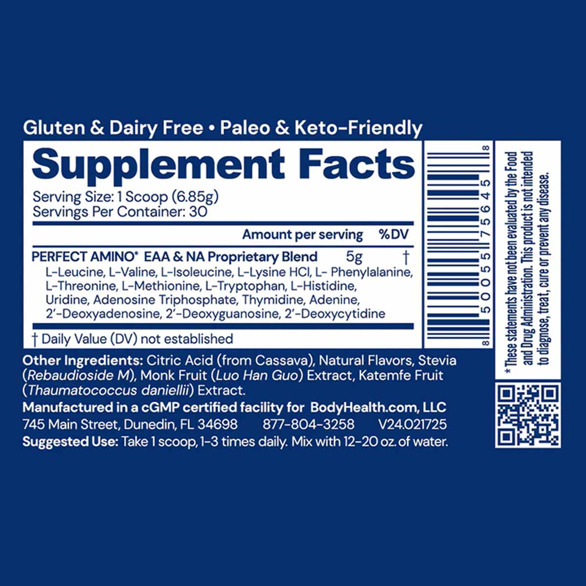 Perfect Amino Powder supplement facts label on dark blue background showing ingredients, serving size, and nutritional inform