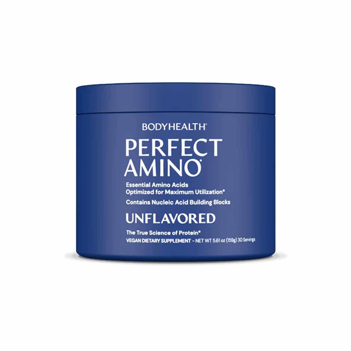 Blue cylindrical container of BodyHealth Perfect Amino powder, unflavored, 5.61 oz size with white text labeling.