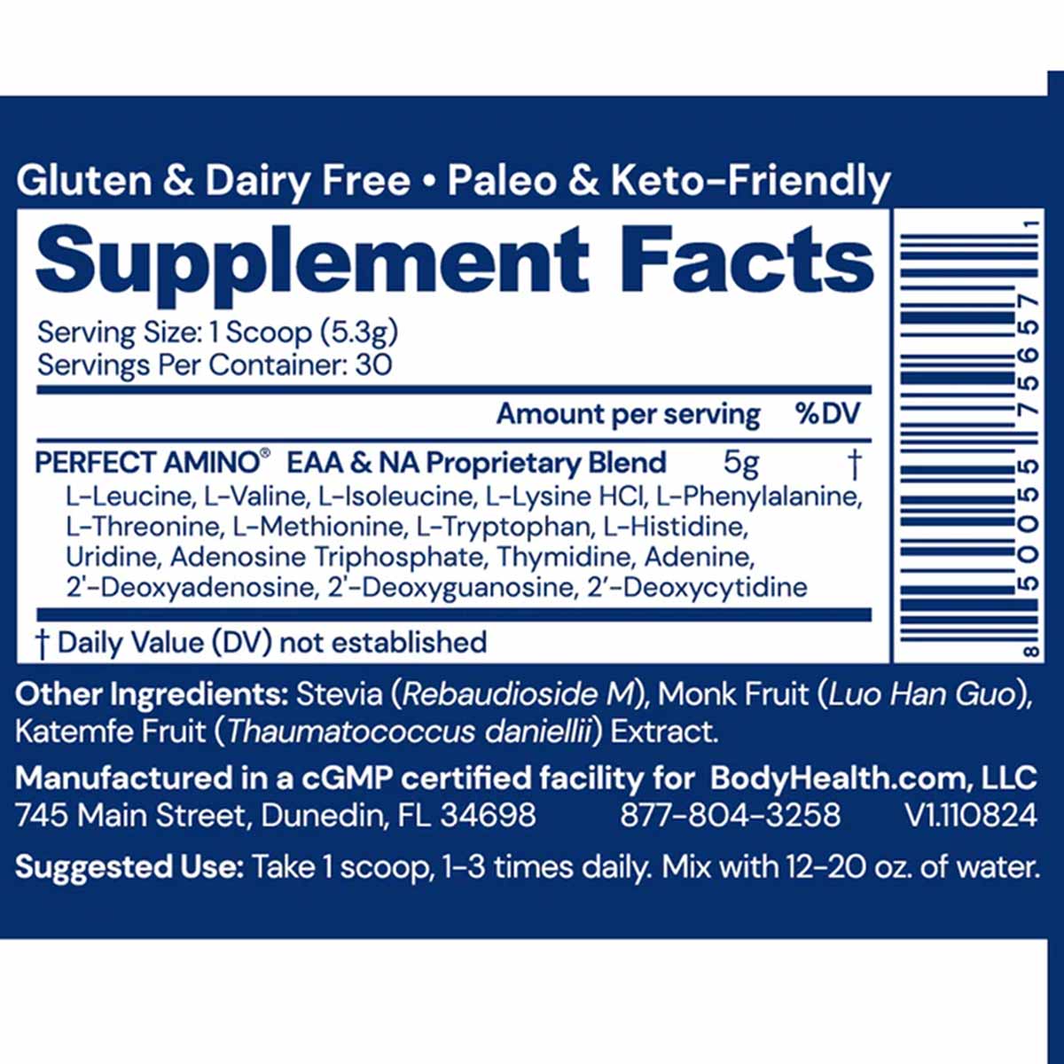 Supplement Facts label for Perfect Amino Powder showing 5g proprietary amino acid blend per serving, gluten and dairy free.
