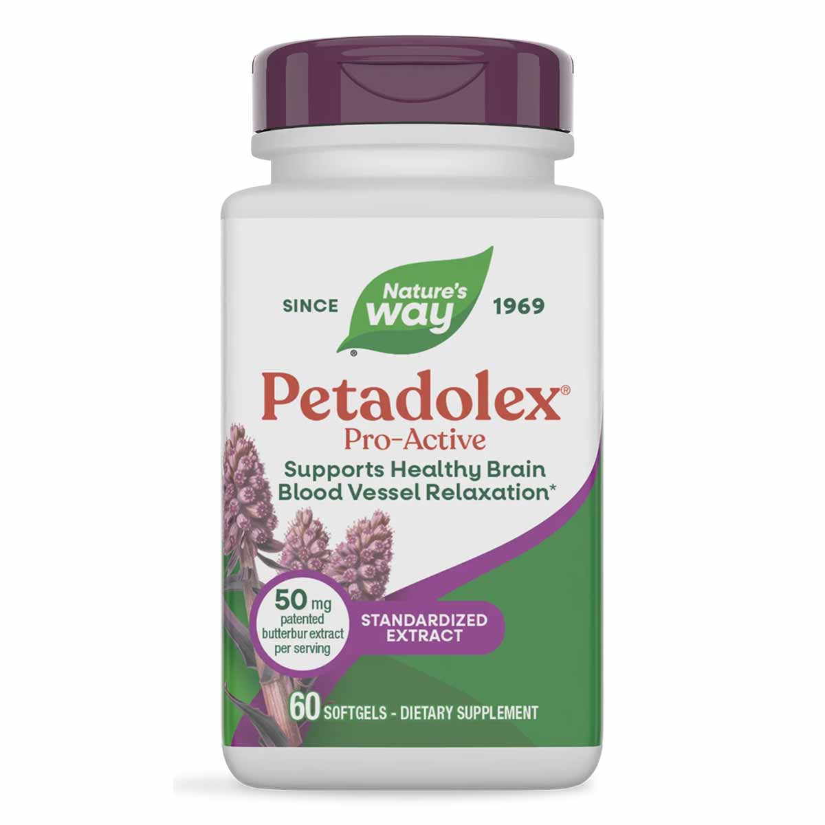 White bottle with purple cap containing Petadolex Pro-Active dietary supplement with 60 softgels, featuring Nature's Way bran