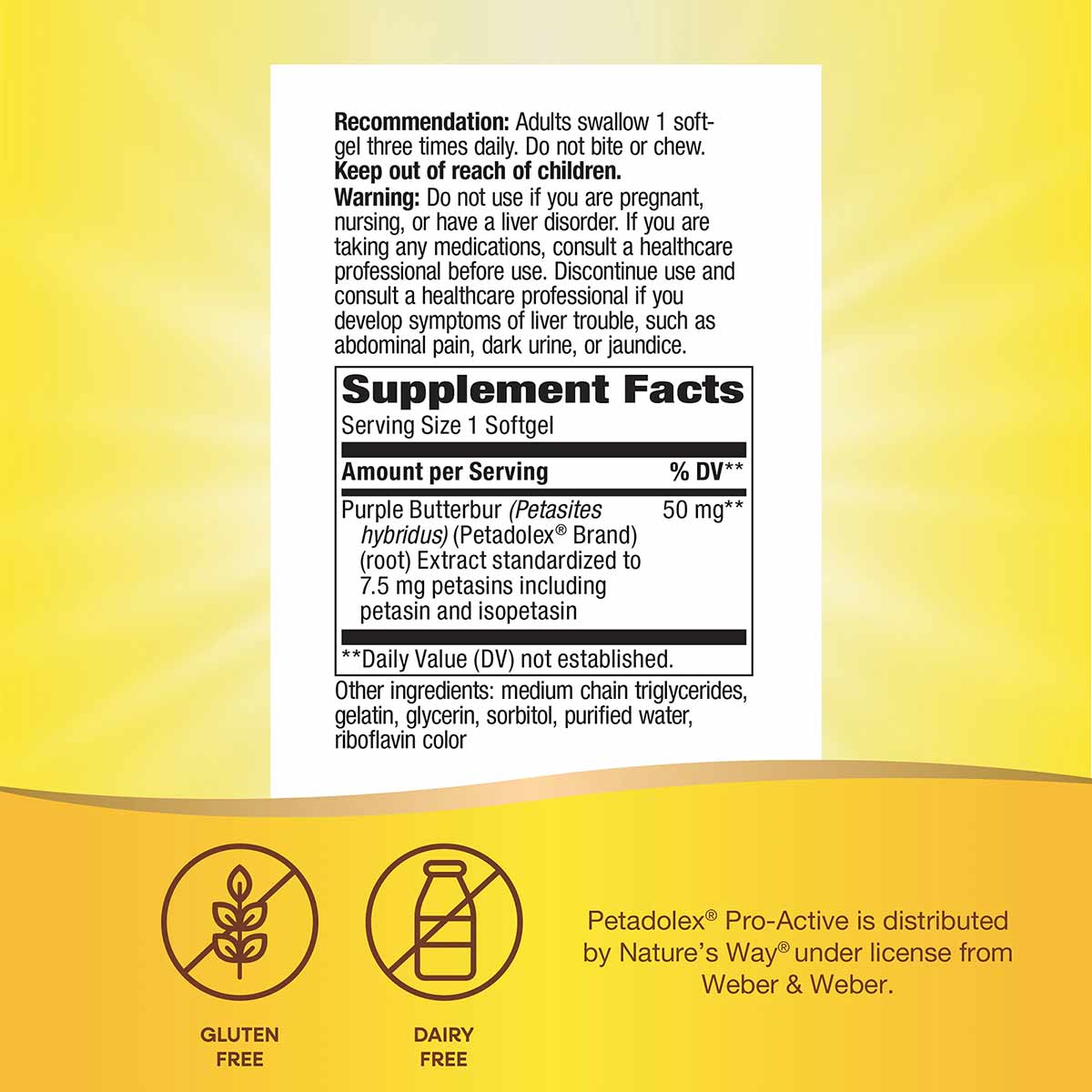 Supplement Facts label for Petadolex Pro-Active softgels with dosage instructions and warnings on yellow background.
