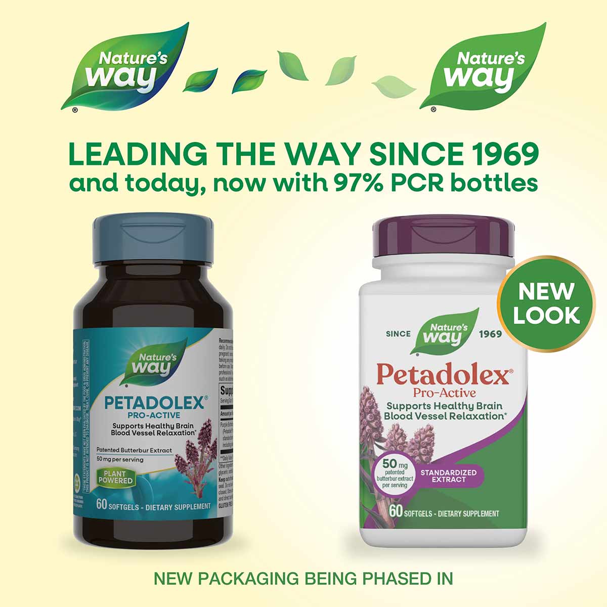 Two bottles of Petadolex Pro-Active dietary supplement by Nature's Way, one with blue cap and one with purple cap, containing