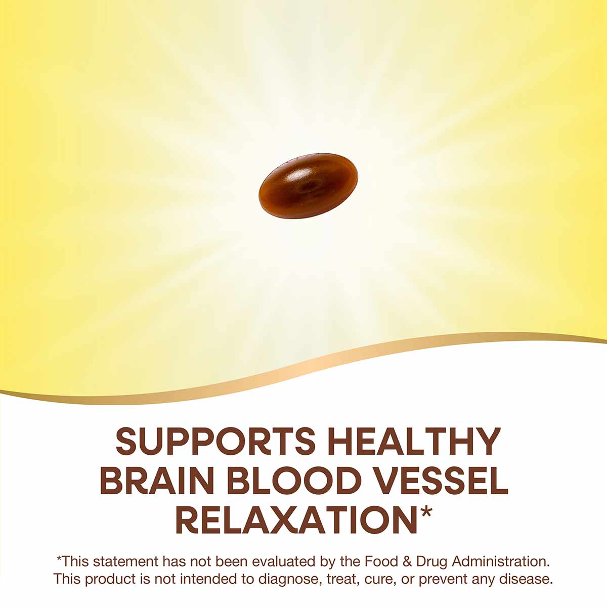 Brown oval softgel capsule centered on yellow and white background with product benefits text below.