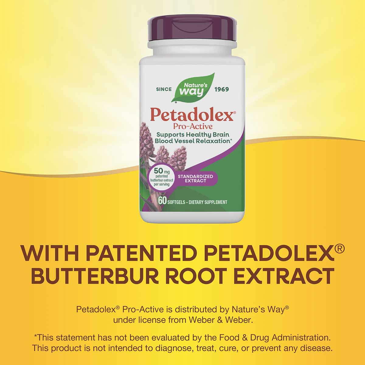 Petadolex Pro-Active white bottle with purple cap containing 60 softgels on yellow background.