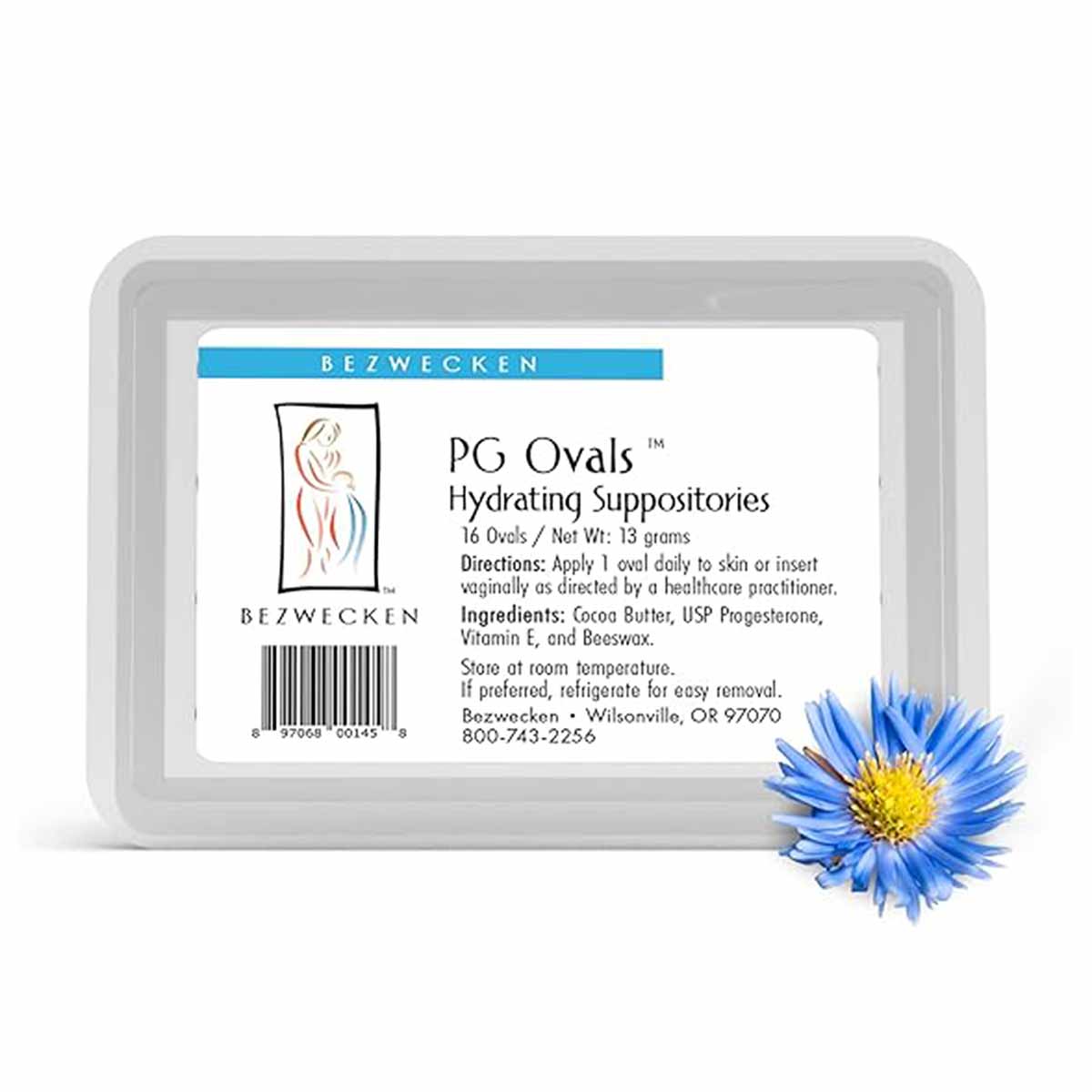Bezwecken PG Ovals hydrating suppositories package containing 16 ovals in clear plastic case with product label and blue flow