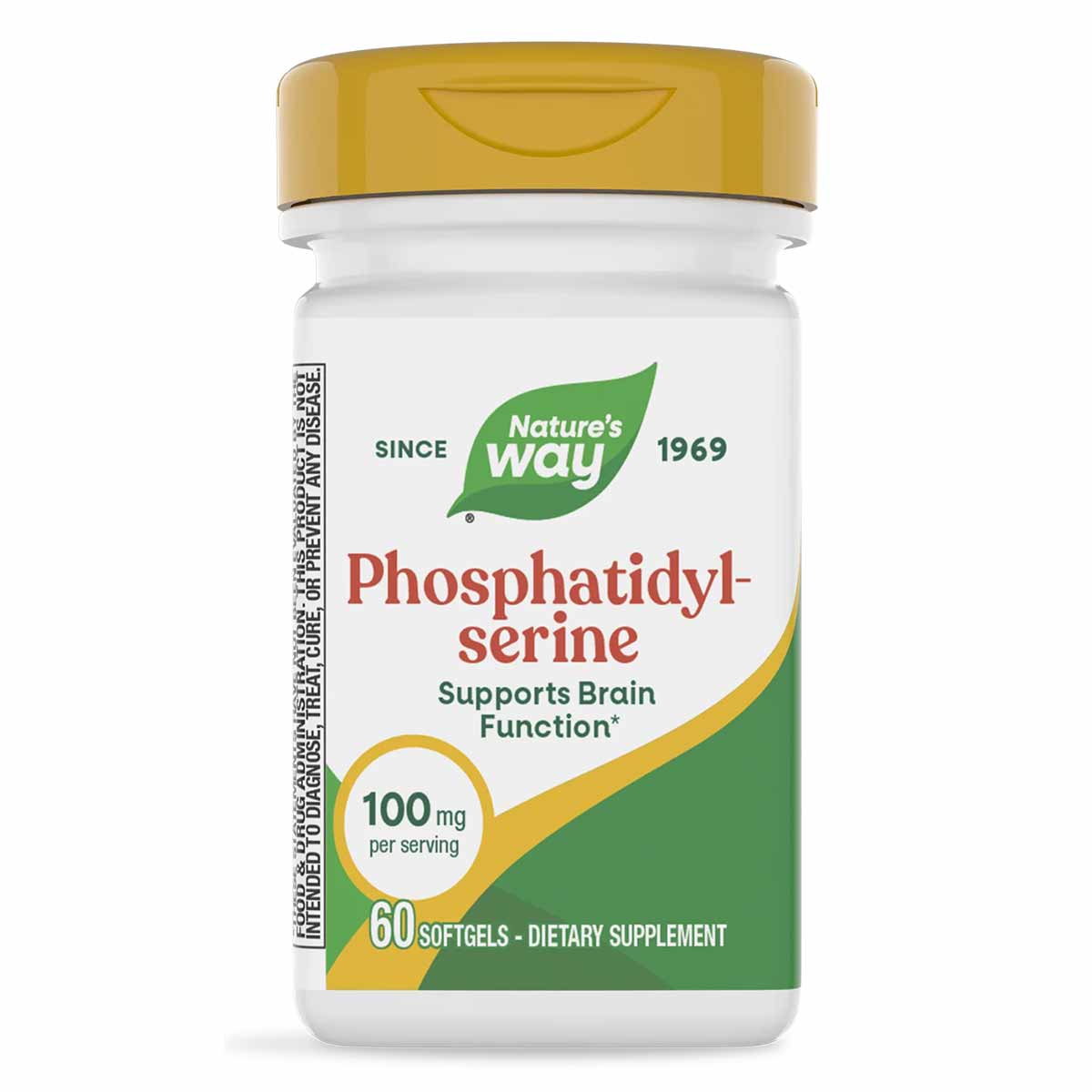 Nature's Way Phosphatidyl-Serine 100 mg dietary supplement bottle with gold cap containing 60 softgels.