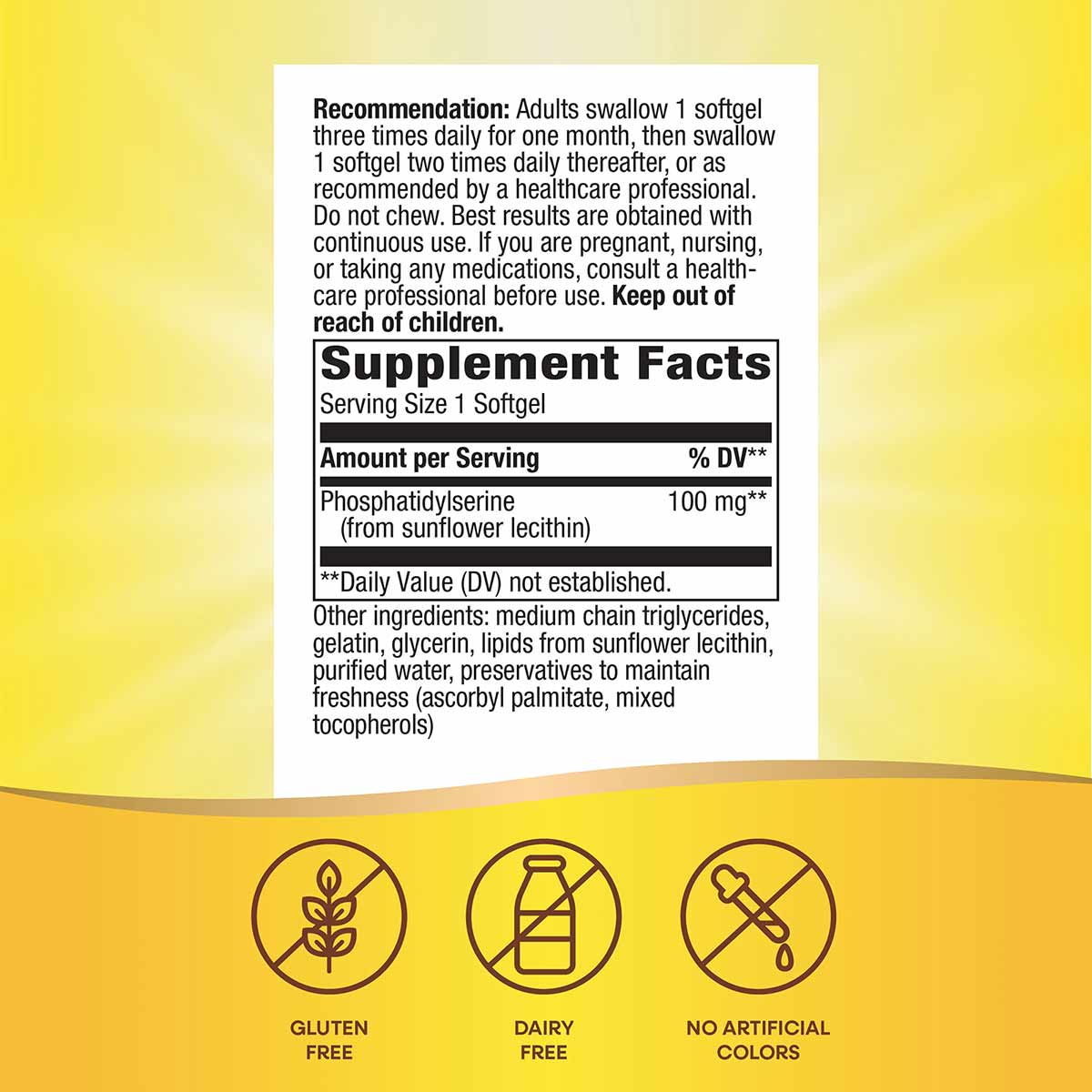 Supplement Facts label for Phosphatidyl-Serine softgels showing 100mg per serving with usage recommendations and ingredient l