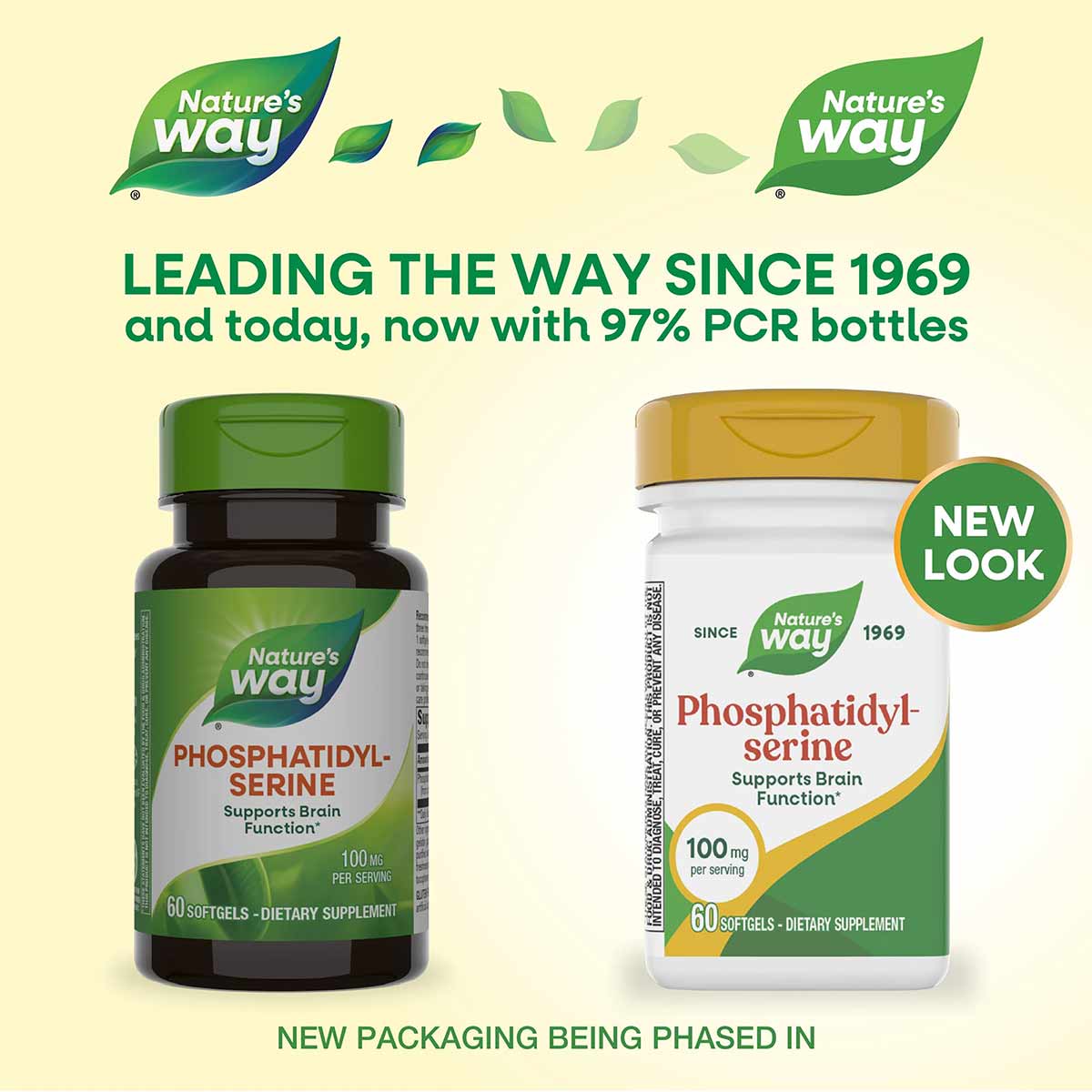Two Nature's Way Phosphatidyl-Serine supplement bottles: dark green older design and white newer design, both labeled 100mg p