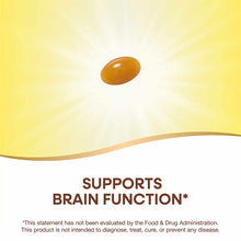 Brown oval supplement capsule on yellow and white background with product text below.