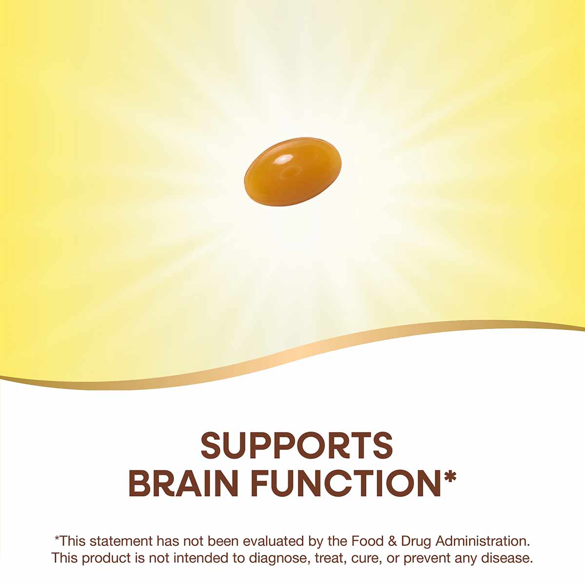 Brown oval supplement capsule on yellow and white background with product text below.