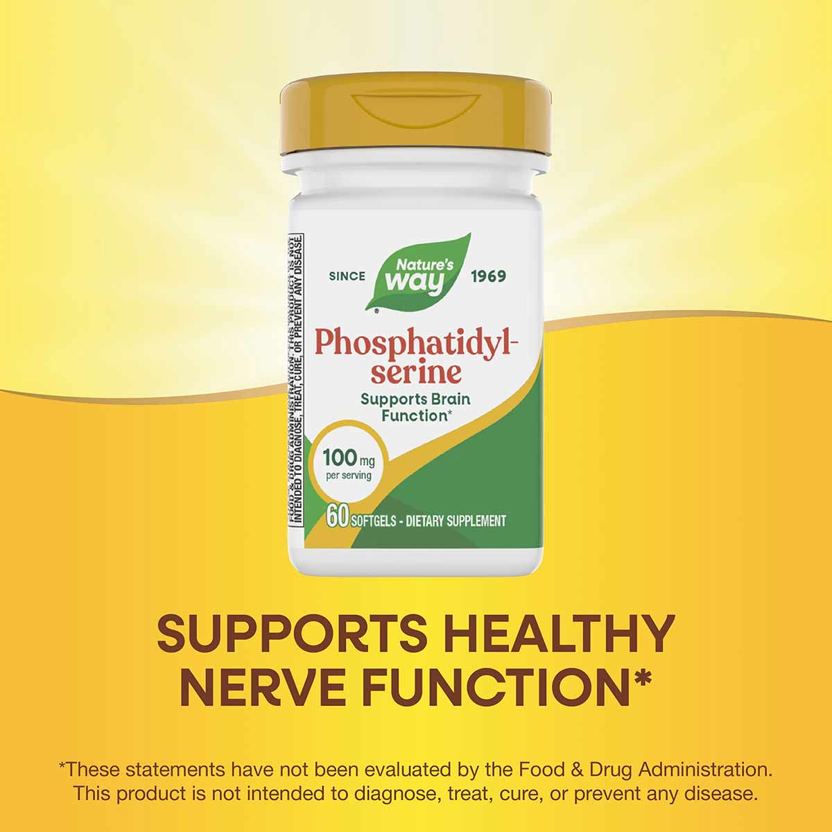 Nature's Way Phosphatidyl-serine 100mg bottle with gold cap and green leaf logo on yellow background.
