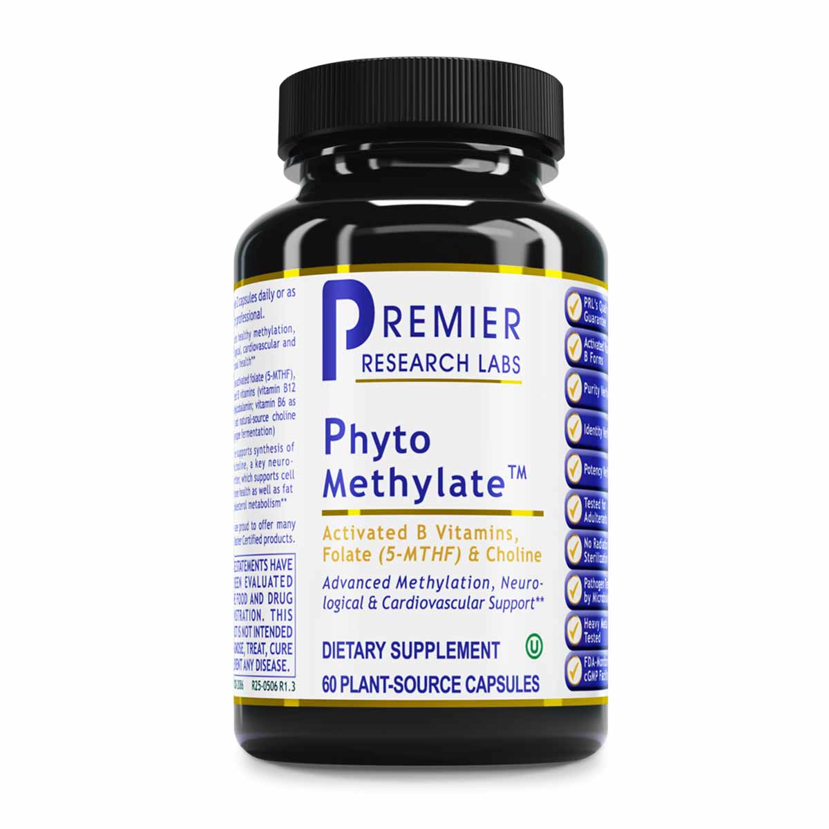 Black bottle of Premier Research Labs Phyto Methylate with white and blue label containing 60 plant-source capsules.
