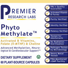 Phyto Methylate supplement bottle label with Premier Research Labs branding, product name, ingredient description, and qualit
