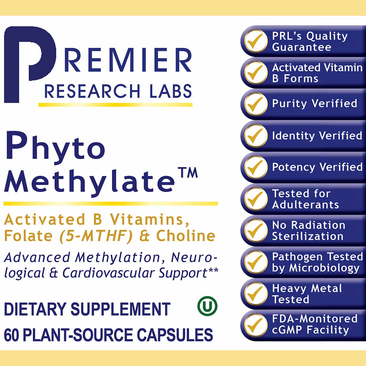 Phyto Methylate supplement bottle label with Premier Research Labs branding, product name, ingredient description, and qualit