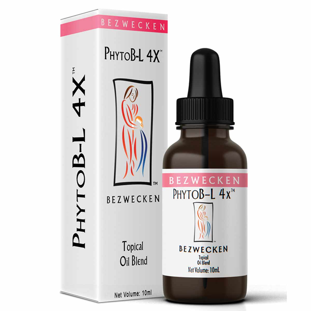 PhytoB-L 4X topical oil blend in 10ml dark glass bottle with black dropper cap, next to white box packaging.