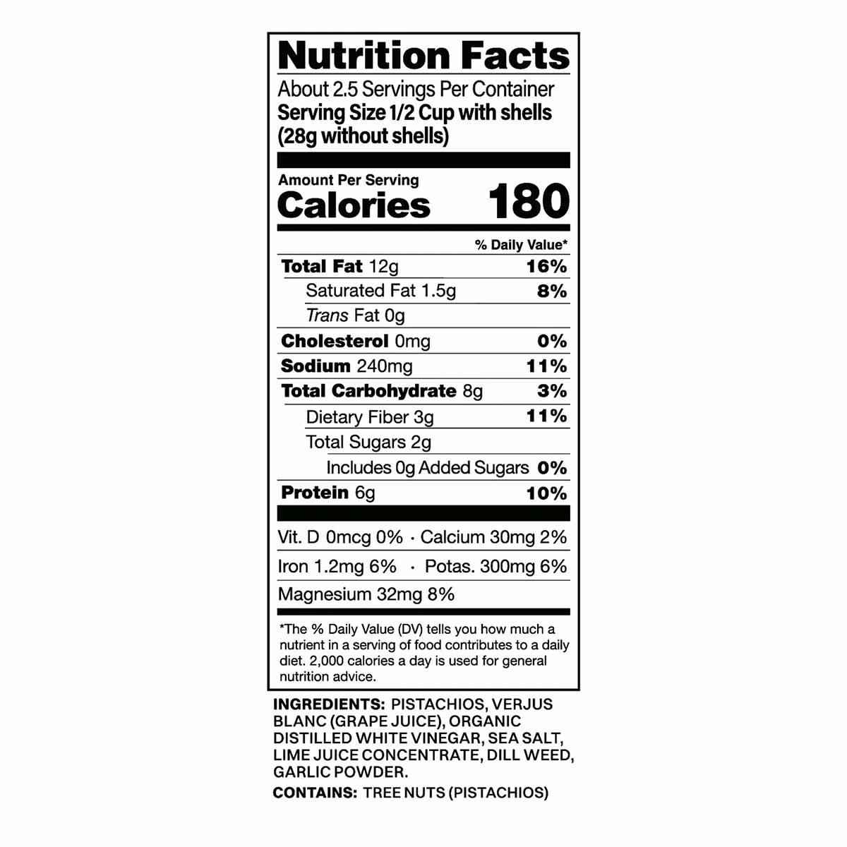 Nutrition Facts label for Pistachios by Joon showing 180 calories per serving, 6g protein, and ingredient list.