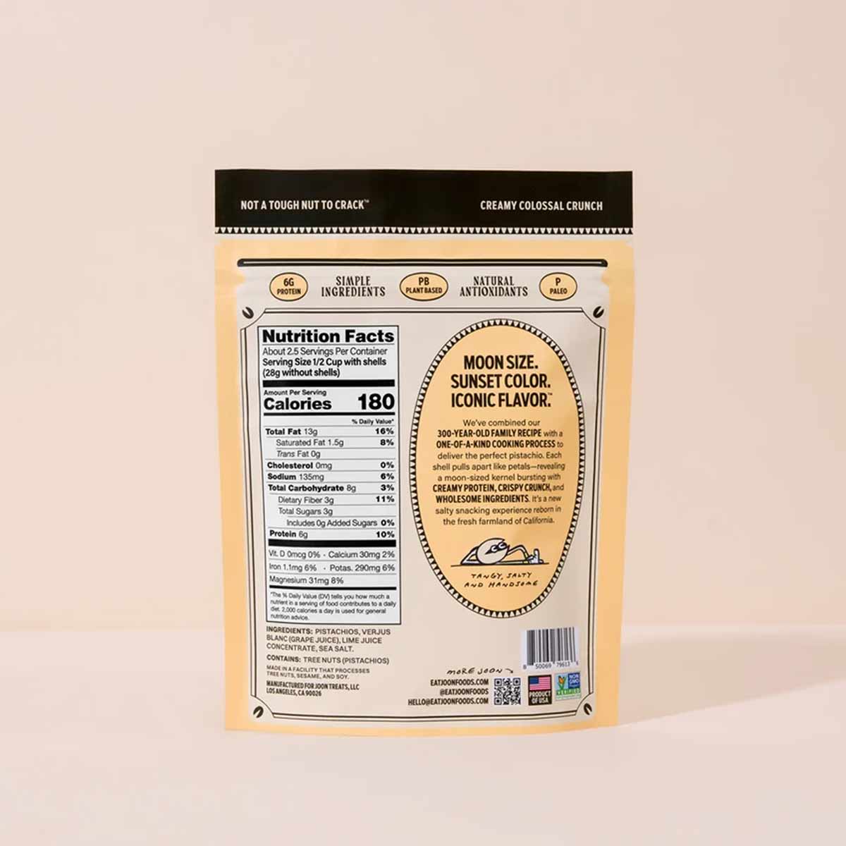 Joon Pistachios package showing nutrition facts, ingredient list, and product description on cream-colored packaging.
