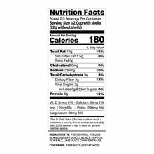 Nutrition Facts label for pistachios showing 180 calories per serving with protein, fat, fiber, and ingredient information.