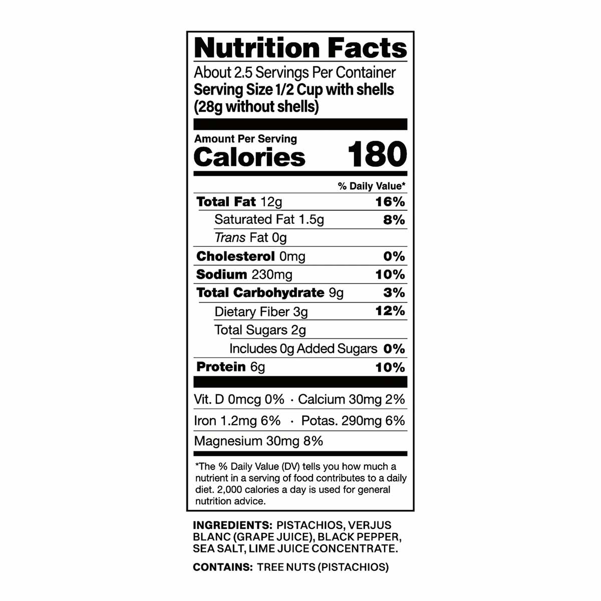 Nutrition Facts label for pistachios showing 180 calories per serving with protein, fat, fiber, and ingredient information.