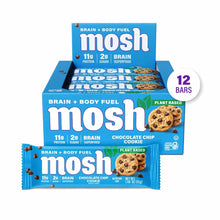 MOSH plant-based protein bar box containing 12 chocolate chip cookie bars with nutritional information displayed on blue pack