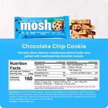 MOSH plant-based protein bar in Chocolate Chip Cookie flavor with blue wrapper and stacked bars displayed.