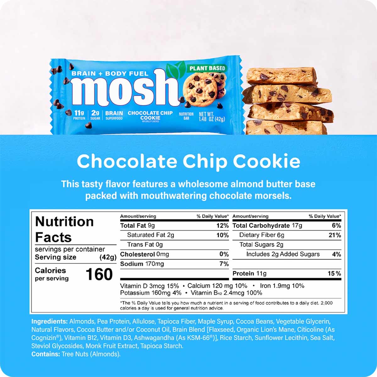 MOSH plant-based protein bar in Chocolate Chip Cookie flavor with blue wrapper and stacked bars displayed.