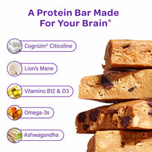 Stacked protein bars with chocolate chips and visible texture, ingredient icons listed on left side including Cognizin Citico