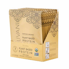 Truvani certified organic plant-based protein powder box with individual banana cinnamon packets, USDA and Non-GMO certified 