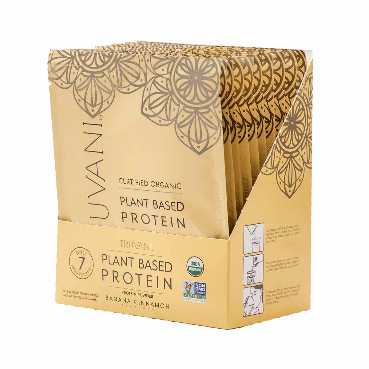 Truvani certified organic plant-based protein powder box with individual banana cinnamon packets, USDA and Non-GMO certified 