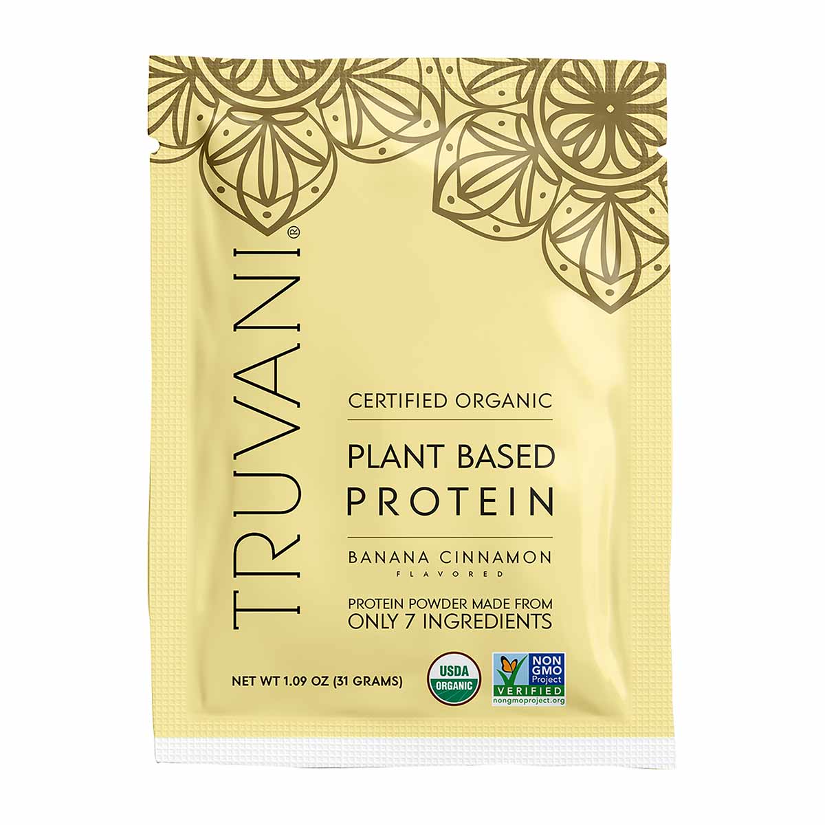 Truvani certified organic plant-based protein powder packet in banana cinnamon flavor, 1.09 oz single serving.
