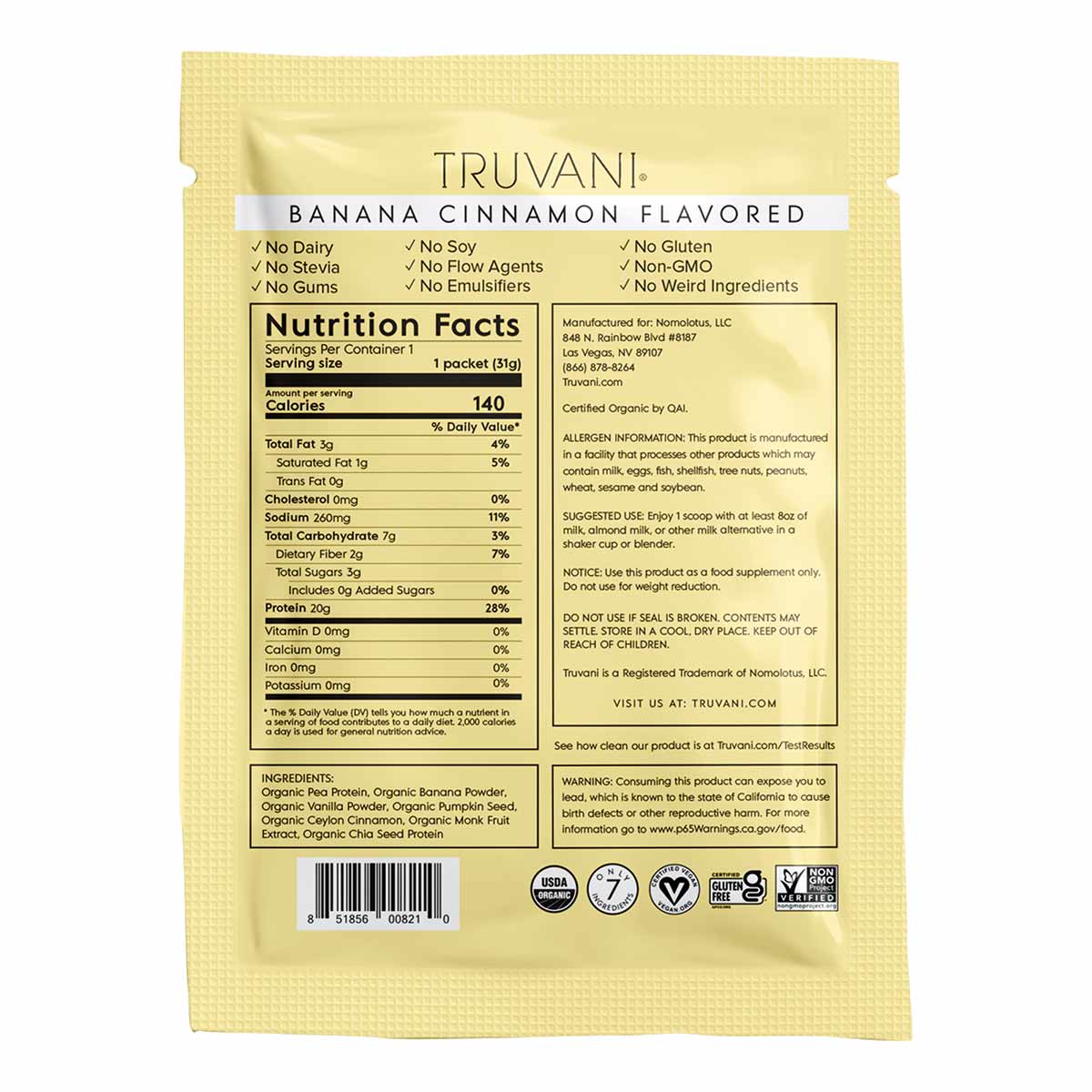 Truvani banana cinnamon flavored plant-based protein packet with nutrition facts and ingredient list on yellow background.