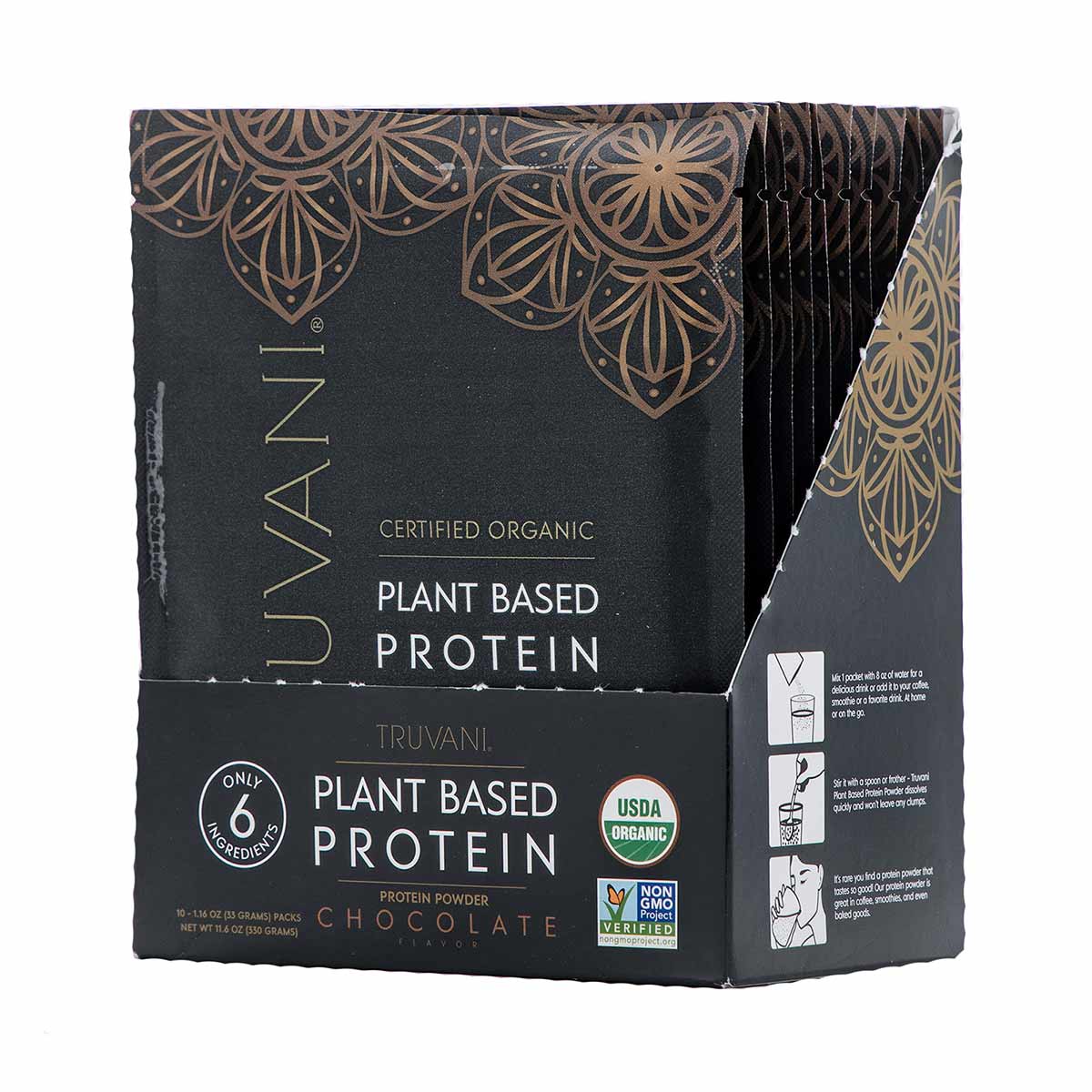 Truvani plant-based protein powder box in chocolate flavor with certified organic and Non-GMO verified seals.
