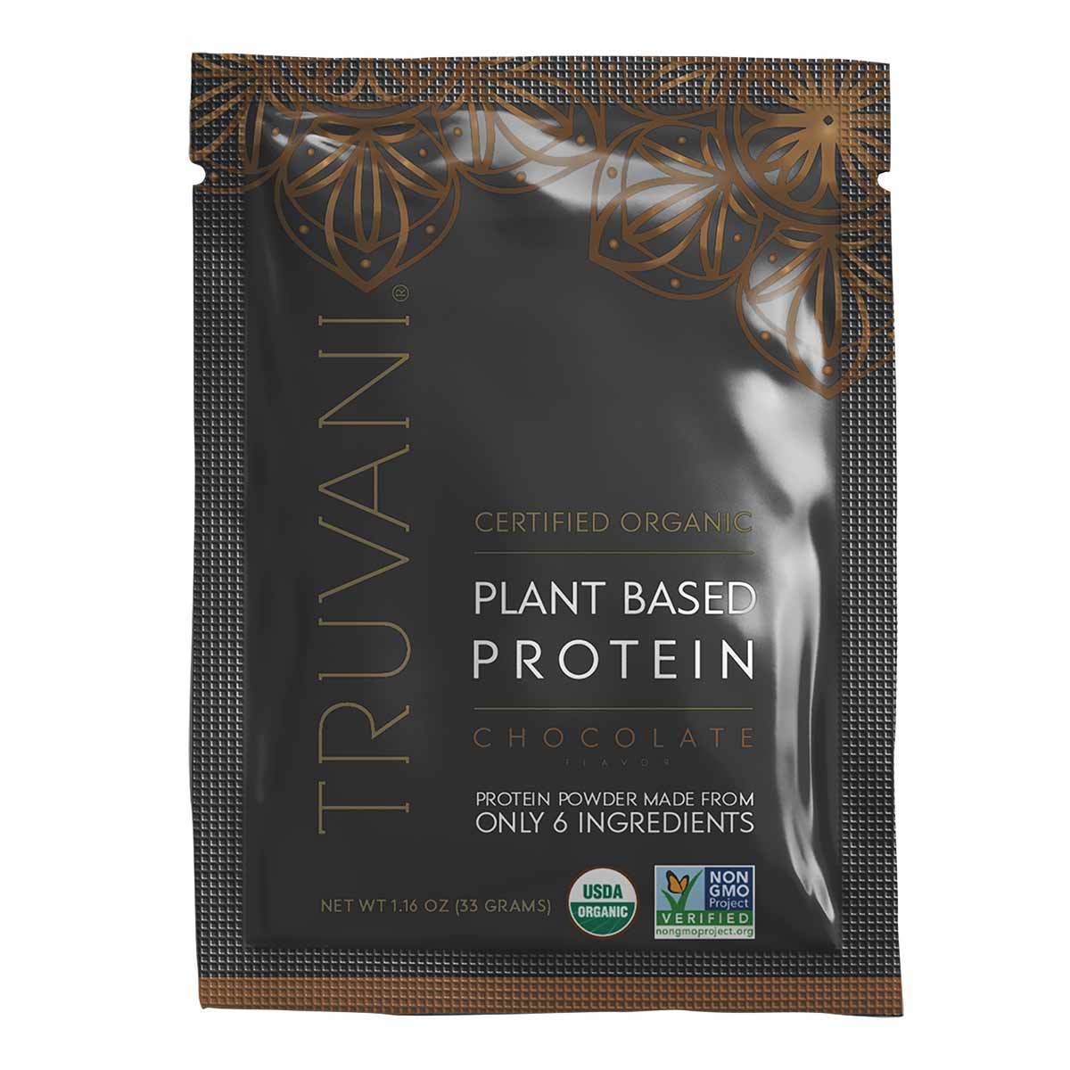Truvani certified organic plant-based protein powder packet in chocolate flavor with gold decorative patterns on black backgr