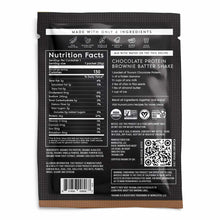 Truvani Chocolate Protein Brownie Batter Shake packet with nutrition facts, ingredients, and preparation instructions on blac