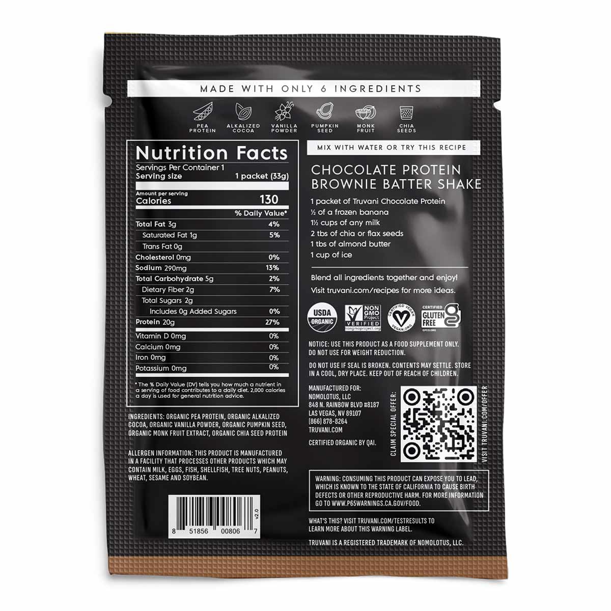 Truvani Chocolate Protein Brownie Batter Shake packet with nutrition facts, ingredients, and preparation instructions on blac