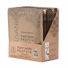 Truvani certified organic plant-based protein powder box containing seven individual packets in chocolate peanut butter flavo