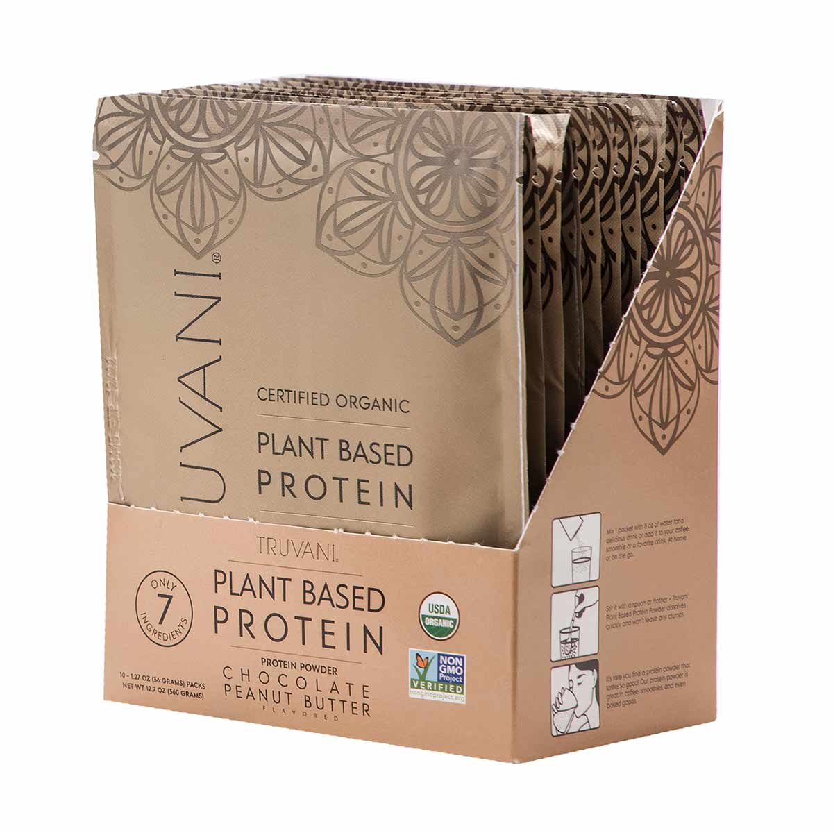 Truvani certified organic plant-based protein powder box containing seven individual packets in chocolate peanut butter flavo