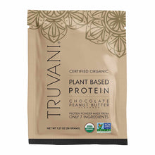 Truvani certified organic plant-based protein powder packet in chocolate peanut butter flavor, 1.27 oz, with USDA and non-GMO