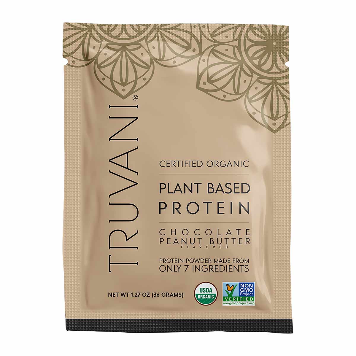Truvani certified organic plant-based protein powder packet in chocolate peanut butter flavor, 1.27 oz, with USDA and non-GMO