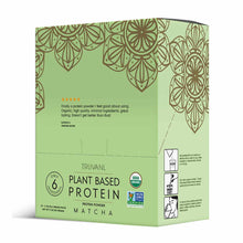 Truvani Plant Based Protein Matcha powder box with green label, decorative floral pattern, and product information including 
