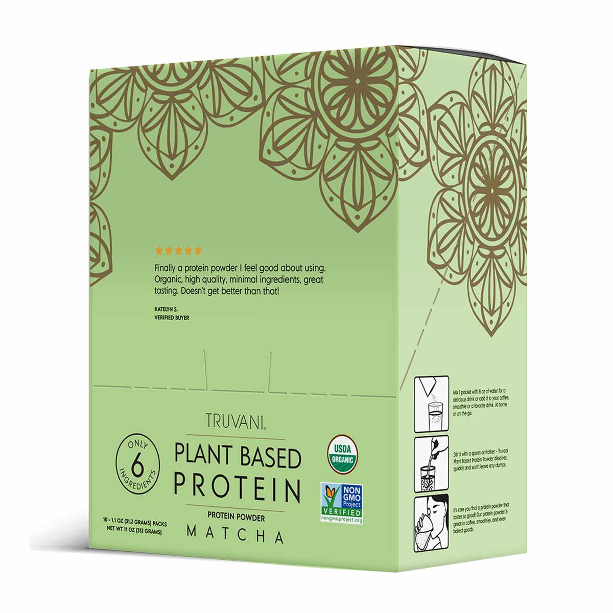Truvani Plant Based Protein Matcha powder box with green label, decorative floral pattern, and product information including 
