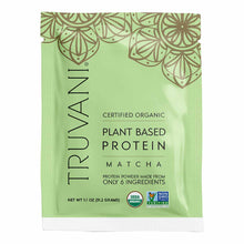 Truvani certified organic plant-based matcha protein powder packet, 11 oz, with decorative leaf pattern on green background.