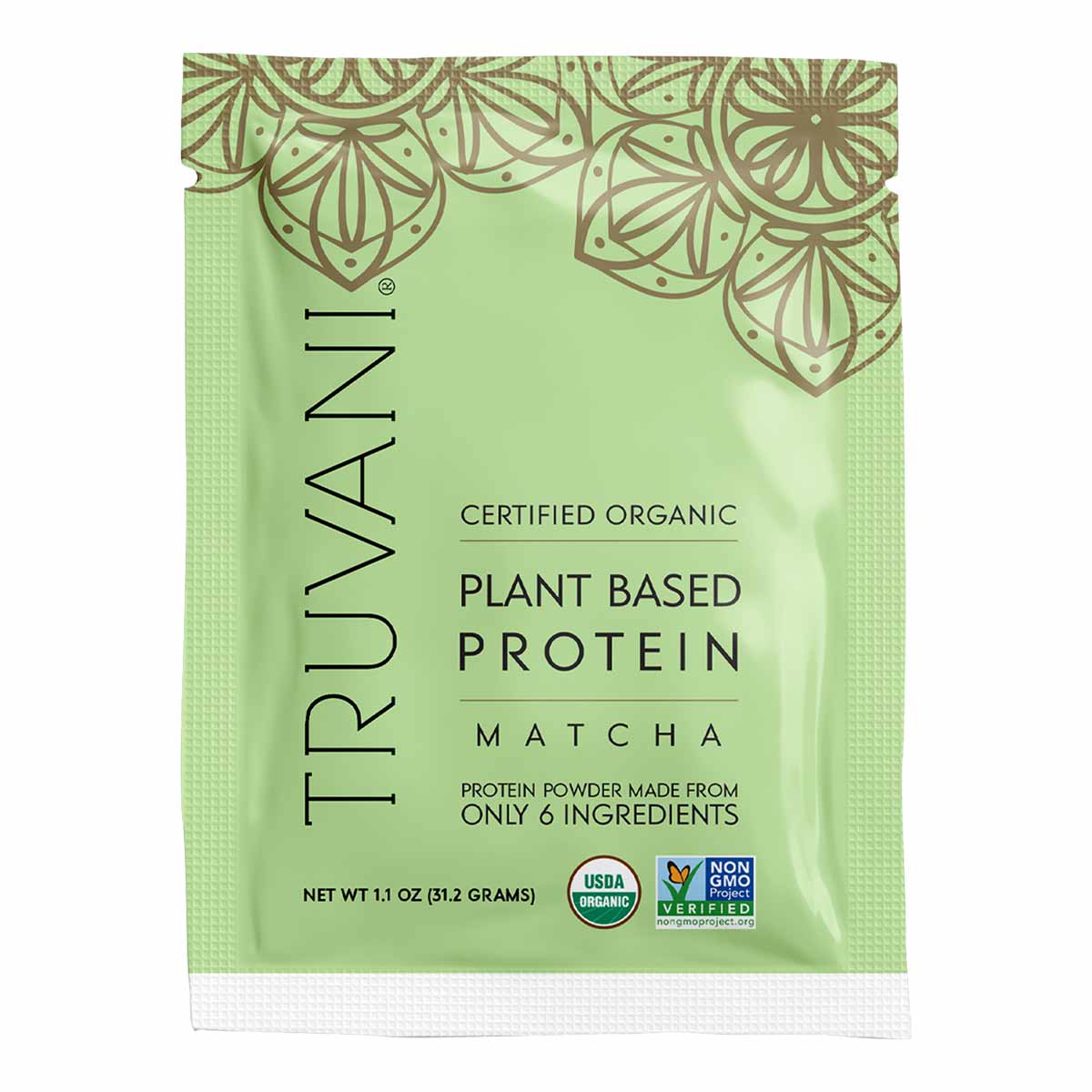 Truvani certified organic plant-based matcha protein powder packet, 11 oz, with decorative leaf pattern on green background.