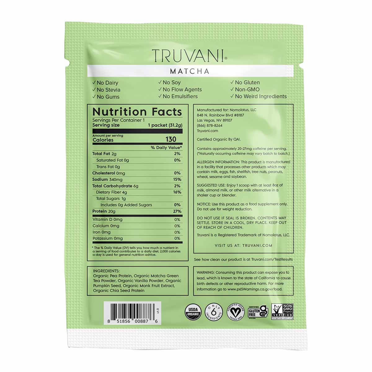 Truvani Matcha plant-based protein packet with nutrition facts, ingredient list, and certification badges on green background